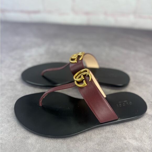 Authentic Gucci Bordeaux Gg Marmont Leather Thongs 37 - Picture 5 of 14